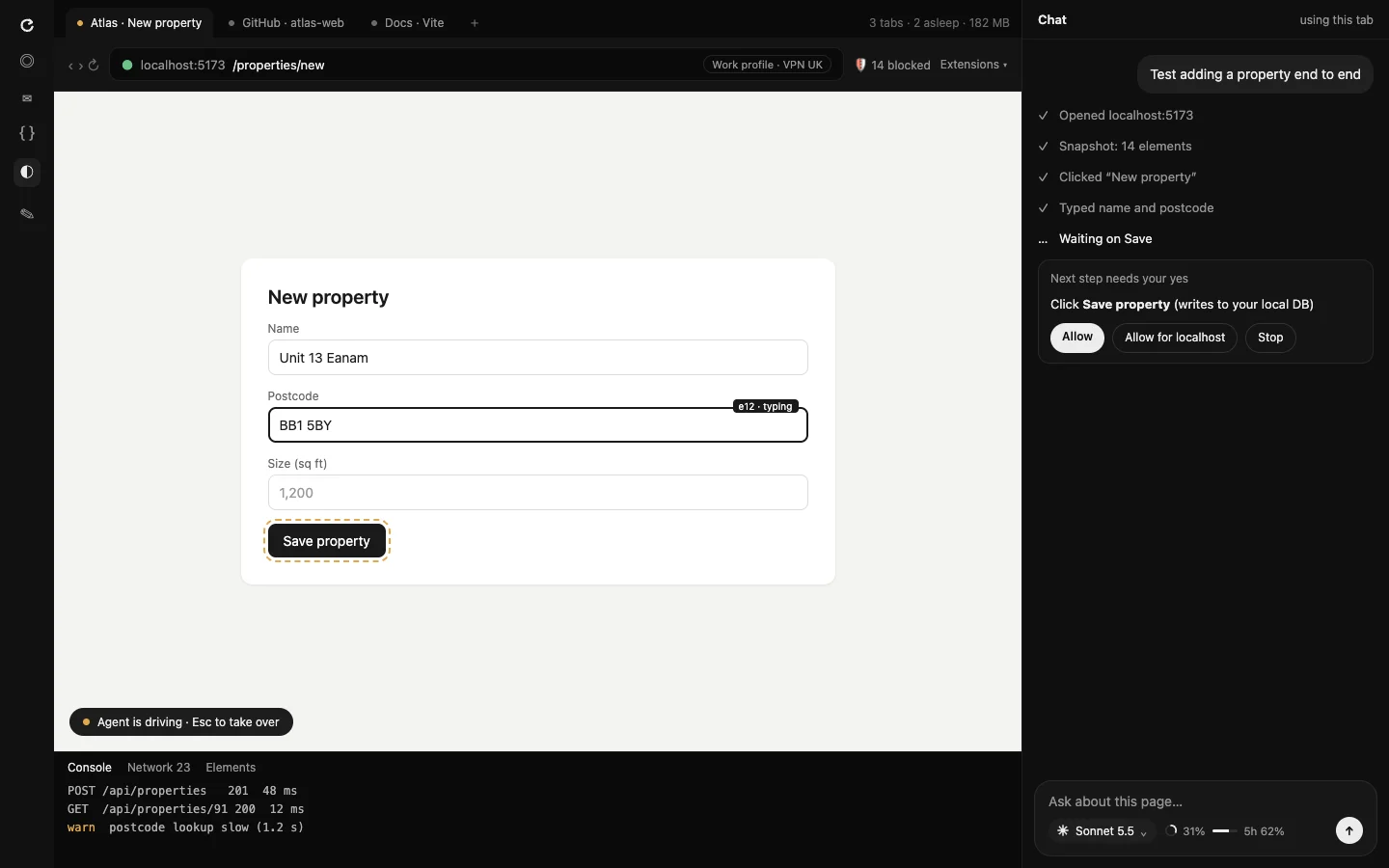 The Recall built-in browser: an agent filling in a form, its steps listed in the chat, and a request for your yes before it saves.