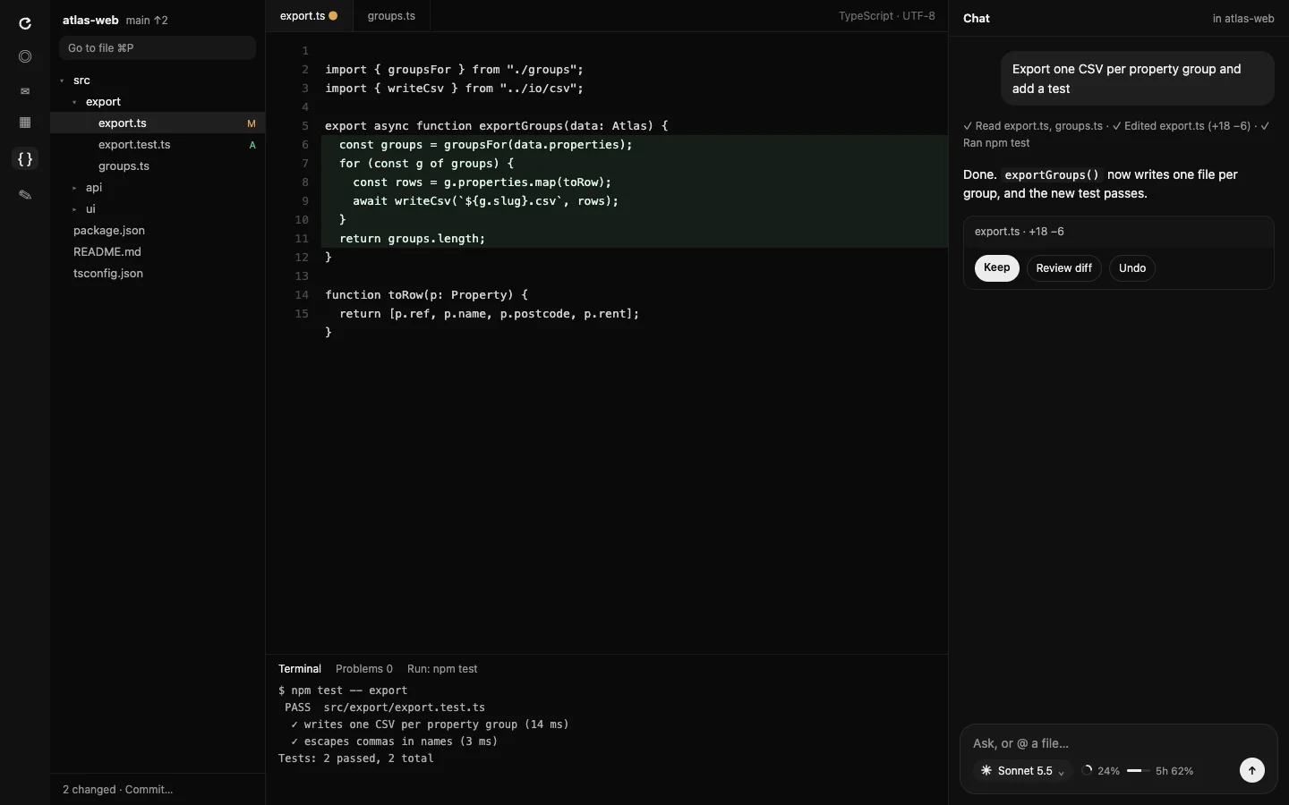 The Recall Code workspace: a file tree, an editor with the new lines highlighted, a terminal showing passing tests, and a chat with Keep, Review diff and Undo.