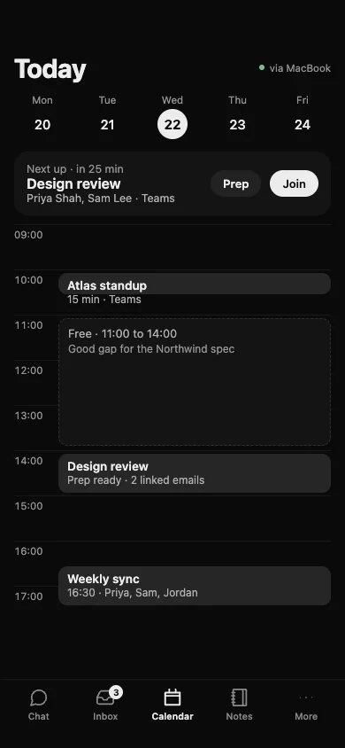 The iPhone calendar: the week, a Next up card with Prep and Join, a free gap and the day’s meetings.