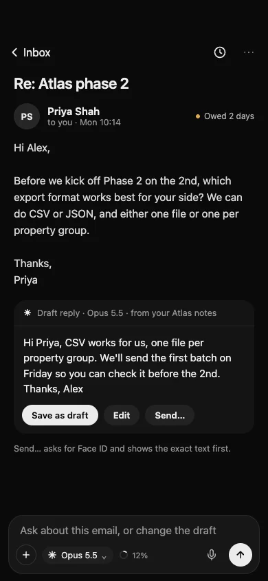 An email on iPhone with a drafted reply, Save as draft, Edit and Send, and a box to ask about the email.