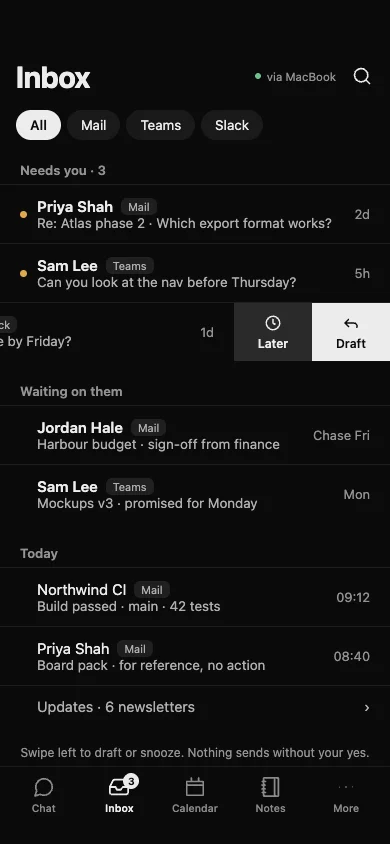 The iPhone inbox: Needs you, Waiting on them and Today, with filters for Mail, Teams and Slack and a swipe to draft or snooze.