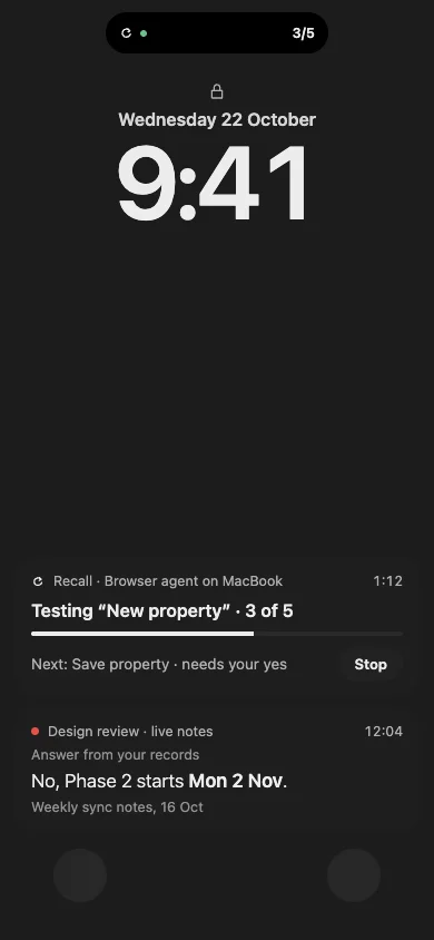 The iPhone lock screen with the Dynamic Island showing the browser agent, and live activities for the agent and a meeting answer.