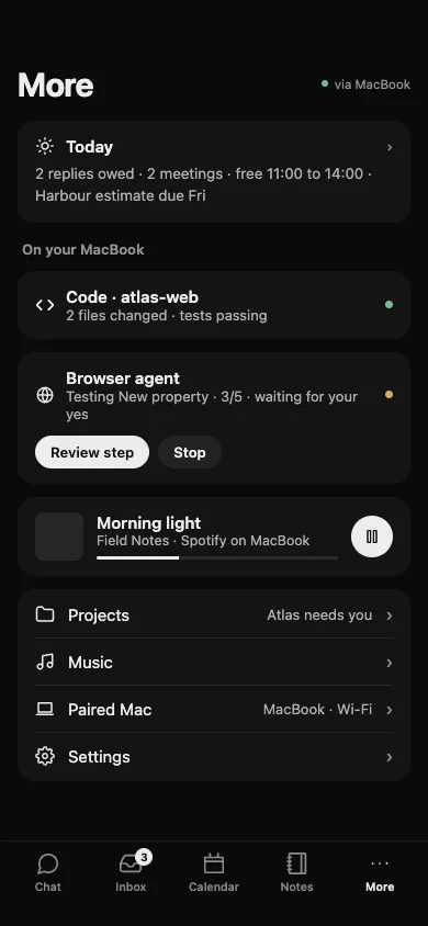 The More tab on iPhone: Today, Code and the browser agent running on your MacBook, music, Projects, the paired Mac and Settings.