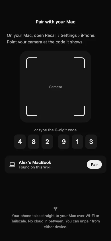 Pairing your iPhone with your Mac: a camera frame, a six-digit code and your MacBook found on the same Wi-Fi.