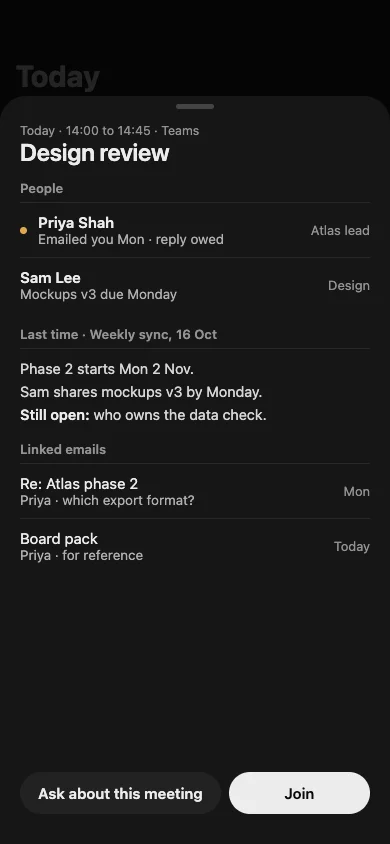 Meeting prep on iPhone: the people, what was said last time and linked emails, with Ask about this meeting and Join.