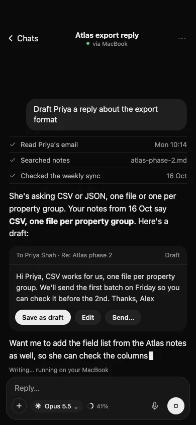 A chat on iPhone: Recall read Priya’s email and your notes and drafted a reply, with Save as draft, Edit and Send.