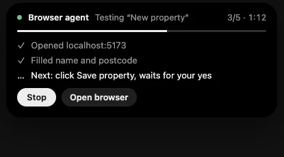 The island while an agent runs: progress, the current step and a Stop button.