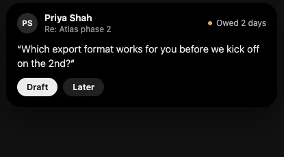 The island showing a reply owed to Priya Shah, with Draft and Later.