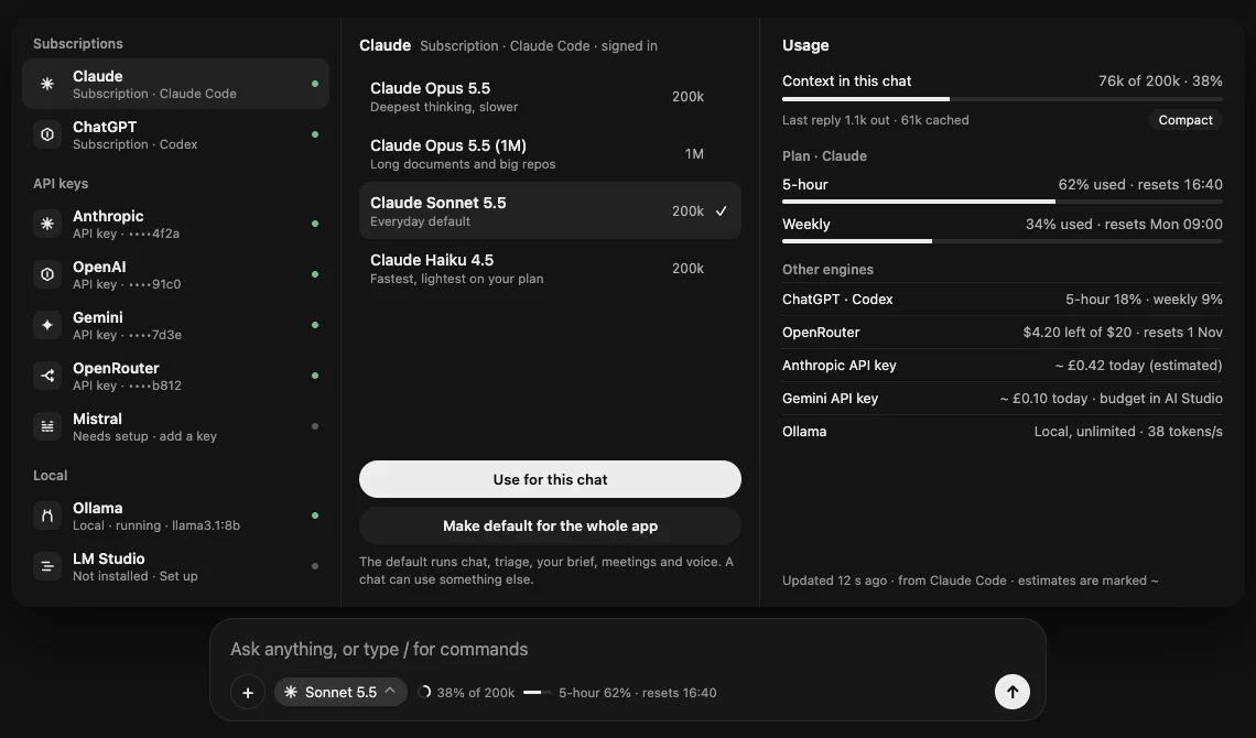 The Recall model picker: subscriptions, API keys and local models with their status, the models for Claude, and a usage panel.